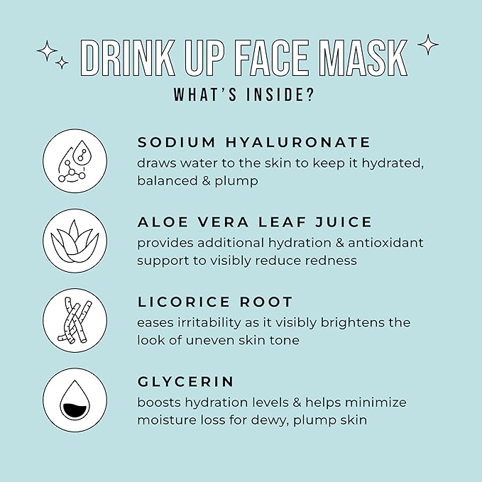 Avatara - Drink Up Facial Mask 15 Sheets, Hydrating Mask, Sheet Masks with Aloe Vera and Licorice Root, Face Mask Skincare Beauty Essential Made with Tencel Fibers, Paraben-Free, Dry Skin, 15 Pack