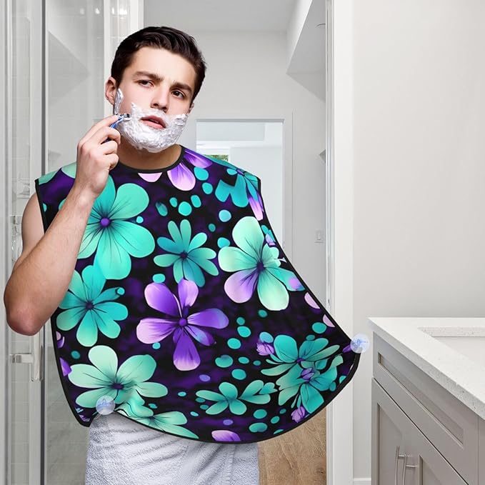 Purple And Teal Flowers Print Beard Bib Shaving Apron, Beard Hair Trimming Cape Gift For Dad