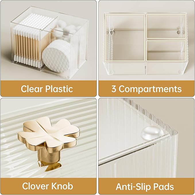 3 Slots Clear Plastic Q Tip Holder for Bathroom with Lid & Non-slip Pads