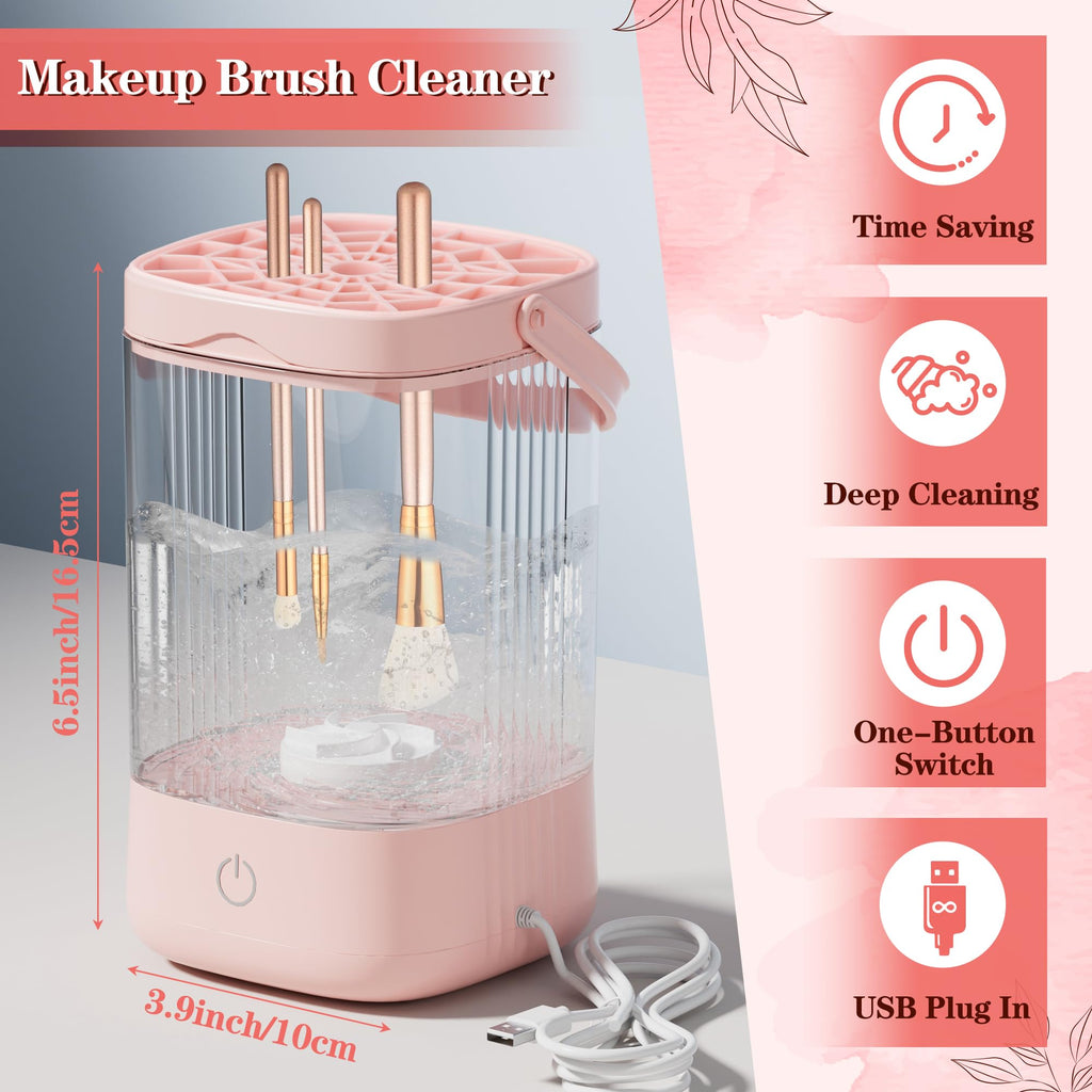 Electric Makeup Brush Cleaner - Portable Makeup Brushes Cleaning Machine, Automatic Spinning Cosmetic Brushes Washer, Make Up Brush Cleaner Tools for Most Sizes Brushes and Sponges (Pink)
