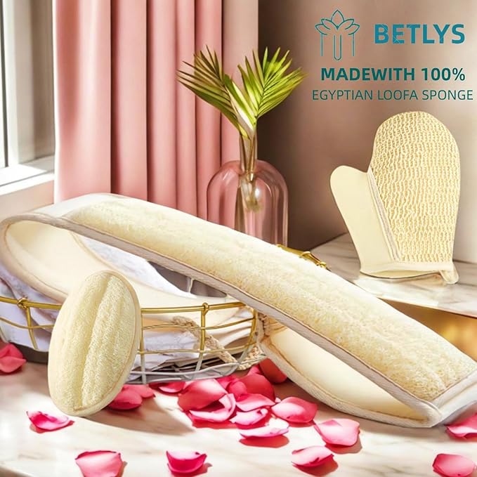 BETLYS Natural Loofah Sponge Exfoliating Body Scrubber, Loofa Back Scrubber for Shower Set for Men and Women (3 Pack), Luffa Sponge Pads & Exfoliating Glove Deep Clean & Invigorate Your Skin, Yellow