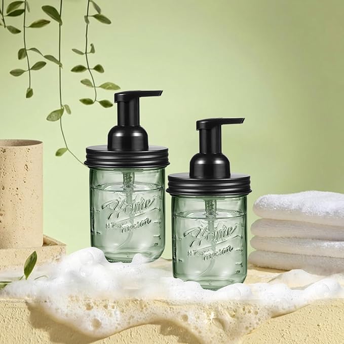SheeChung Mason Jar Foaming Soap Dispenser, Stainless Steel Lid, BPA Free Pump, Green Glass Foam Hand Soap Dispenser, 16 Oz Refillable Liquid Foam Dispenser Bottle for Bathroom Kitchen-Black, 2 Pack