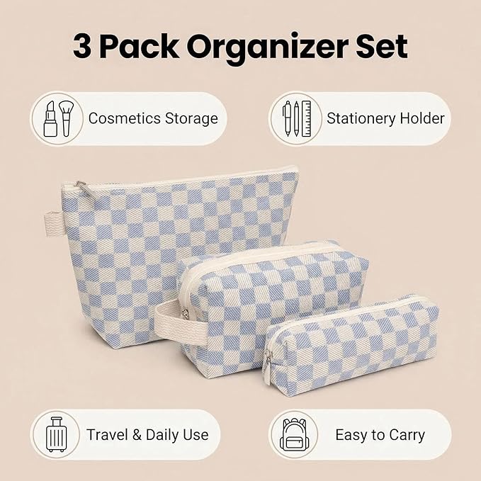 Beayuva 3 Pcs Canvas Makeup Bag Set Checkered Cosmetic Pouch for Women Travel Toiletry Bag Cute Makeup Organizer Purse Pouch Preppy Pencil Case with Zipper (Checkered Blue)