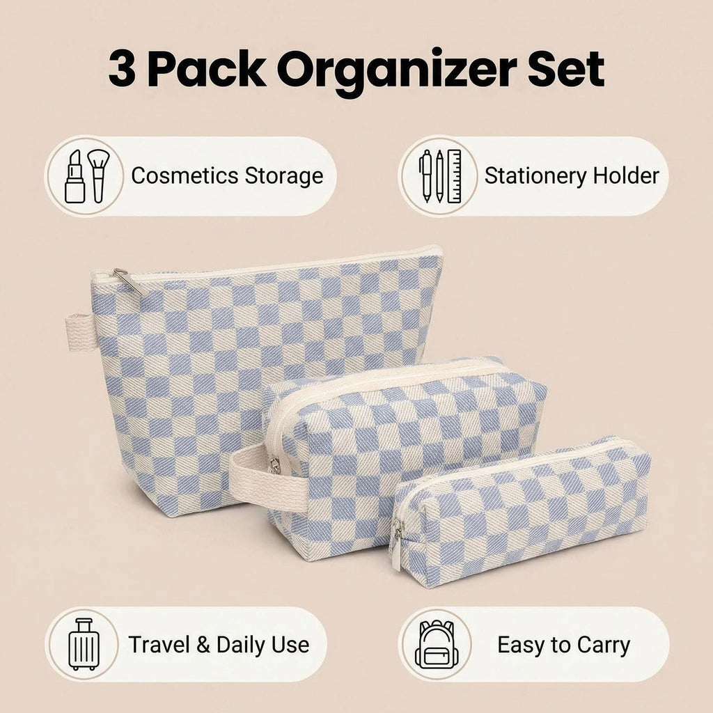 Beayuva 3 Pcs Canvas Makeup Bag Set Checkered Cosmetic Pouch for Women Travel Toiletry Bag Cute Makeup Organizer Purse Pouch Preppy Pencil Case with Zipper (Checkered Blue)