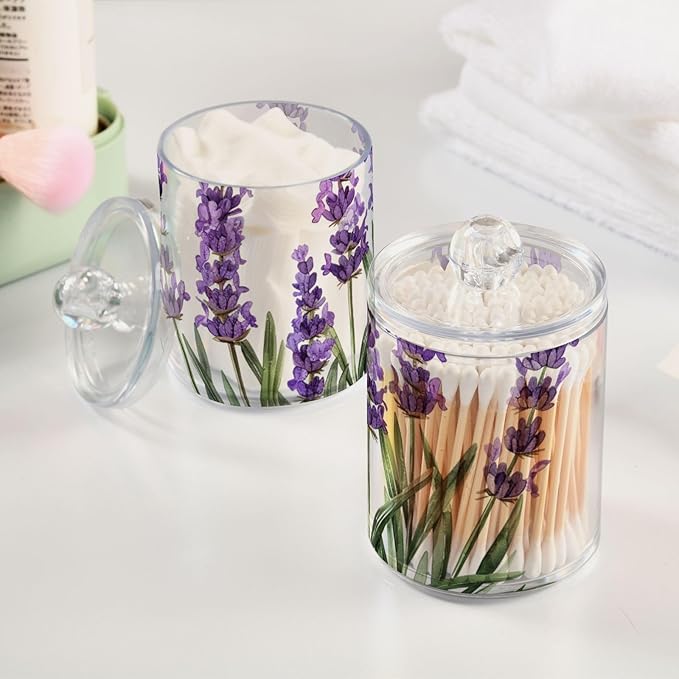 2 Pack Qtip Holder Dispenser for Cotton Ball Purple Lavender Watercolor Flower Cotton Swab Round Pads Clear Plastic Acrylic Jar Set Bathroom Canister