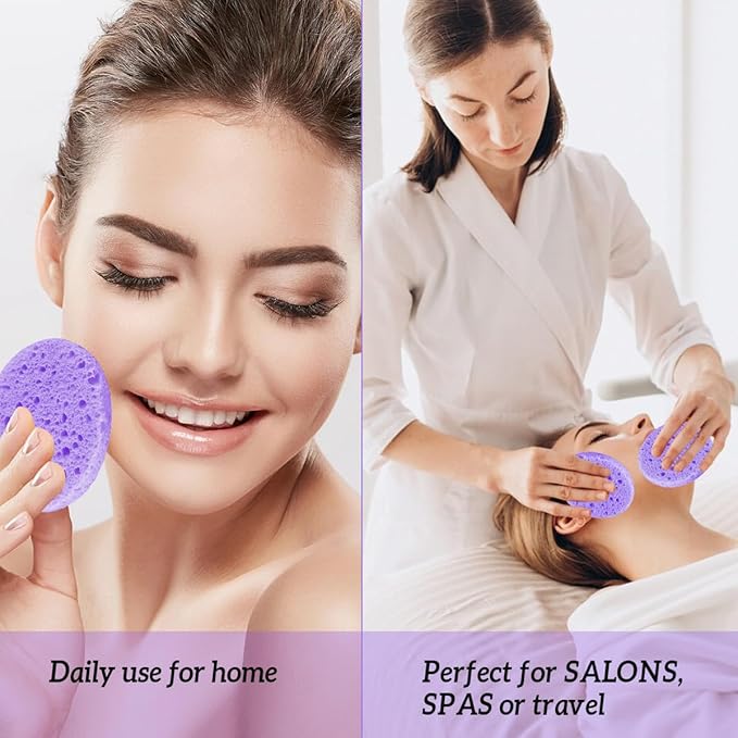 100-Count Compressed Facial Sponges for Estheticians Heart Shape Natural Cellulose Sponge Professional Cosmetic Spa Sponges for Face Cleansing, Massage, Pore Exfoliating, Mask, Makeup Removal, Purple