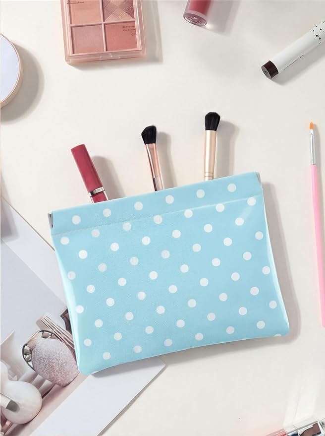 Ksriylm Dots Leather Makeup Pouch Set for Women Small Make Up Bag for Purse Waterproof Initial Makeup Cosmetic Bags Pouches for Purse Aesthetic Travel Toiletry Bag,Blue White