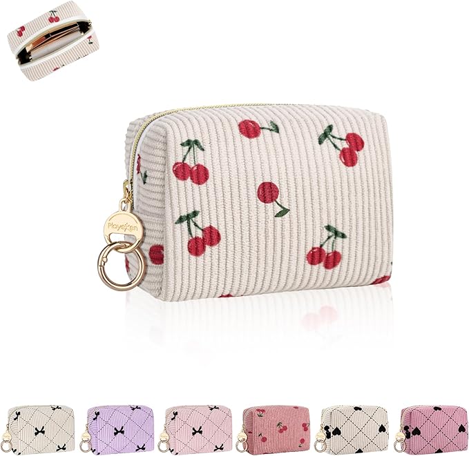 Playexen Mini Makeup Bag, Corduroy Small Cosmetic Bag for Purse, C-Beige