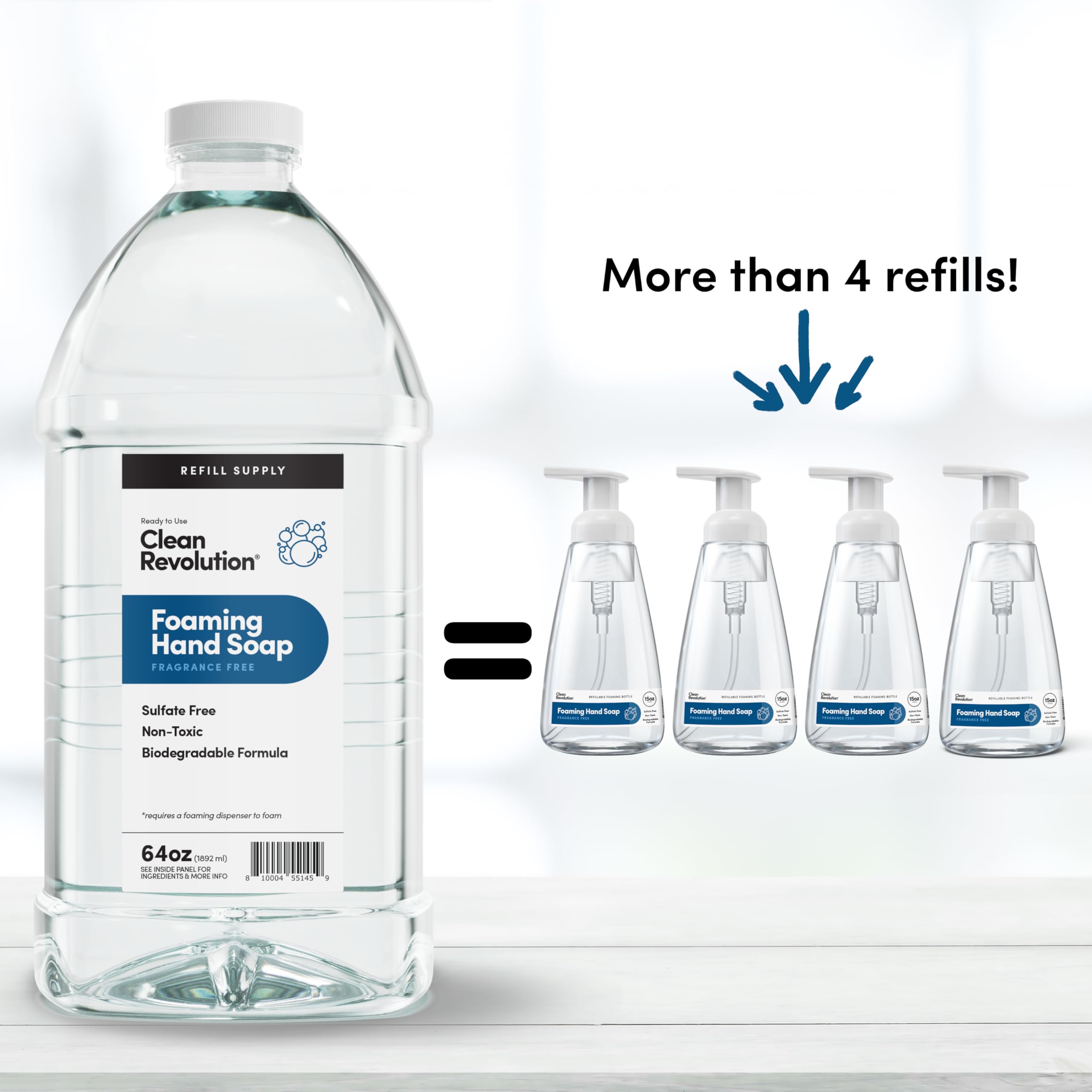 Clean Revolution Foaming Hand Soap Refill Supply Container, Ready to Use Formula, Fragrance Free, 64 Fl Oz (Pack of 1)