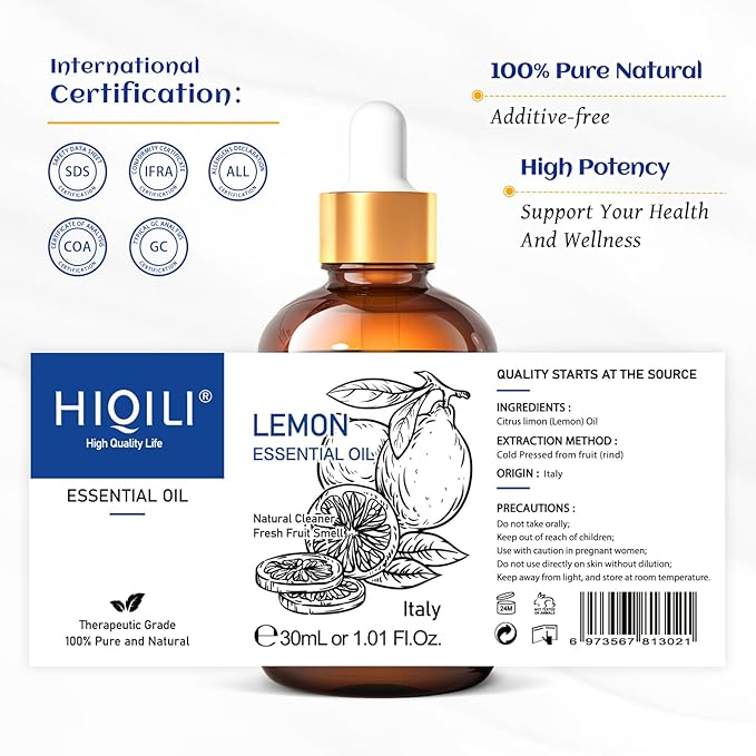 HIQILI Lemon Essential Oil for Cleaning, Diffuser & Skin