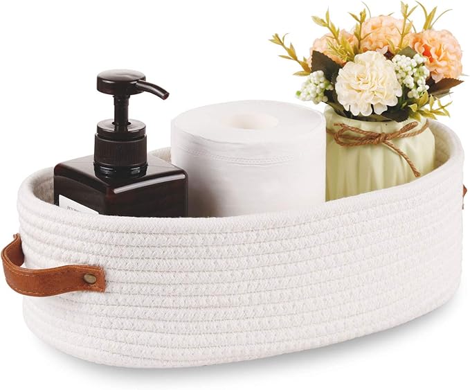 Oradrem Woven Storage Basket for Toilet Tank Top,Farmhouse Home Decor Organizing Baskets for Bathroom,Table and Counter 13"x5.9"x4" White