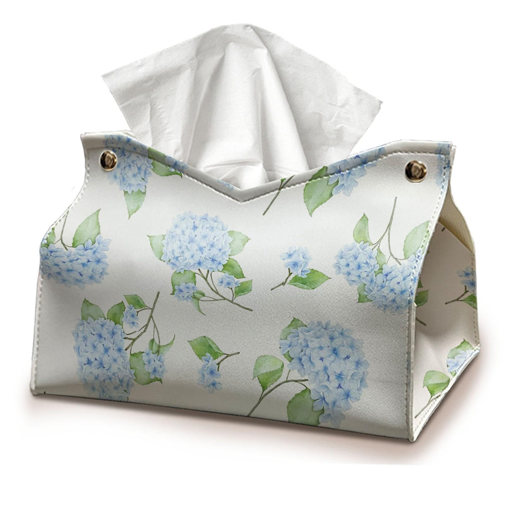 Hydrangea Tissue Box Cover Rectangle, Blue Flroal Tissue Box Holder Leather Facial Paper Case Decorative Organizer Holder Dispenser, Blue White Aesthetic Desk Accessories for Women Home 9.8x5.9x5.9