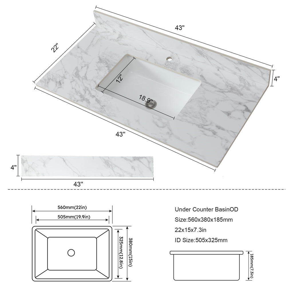 Montary 42" Bathroom Vanity with 43" Sintered Stone Carrara White Top, Modern Stylish MDF Bathroom Storage Cabinet, Vanity Set with 2 Doors and One Large Divided Drawer, White (Single Hole)