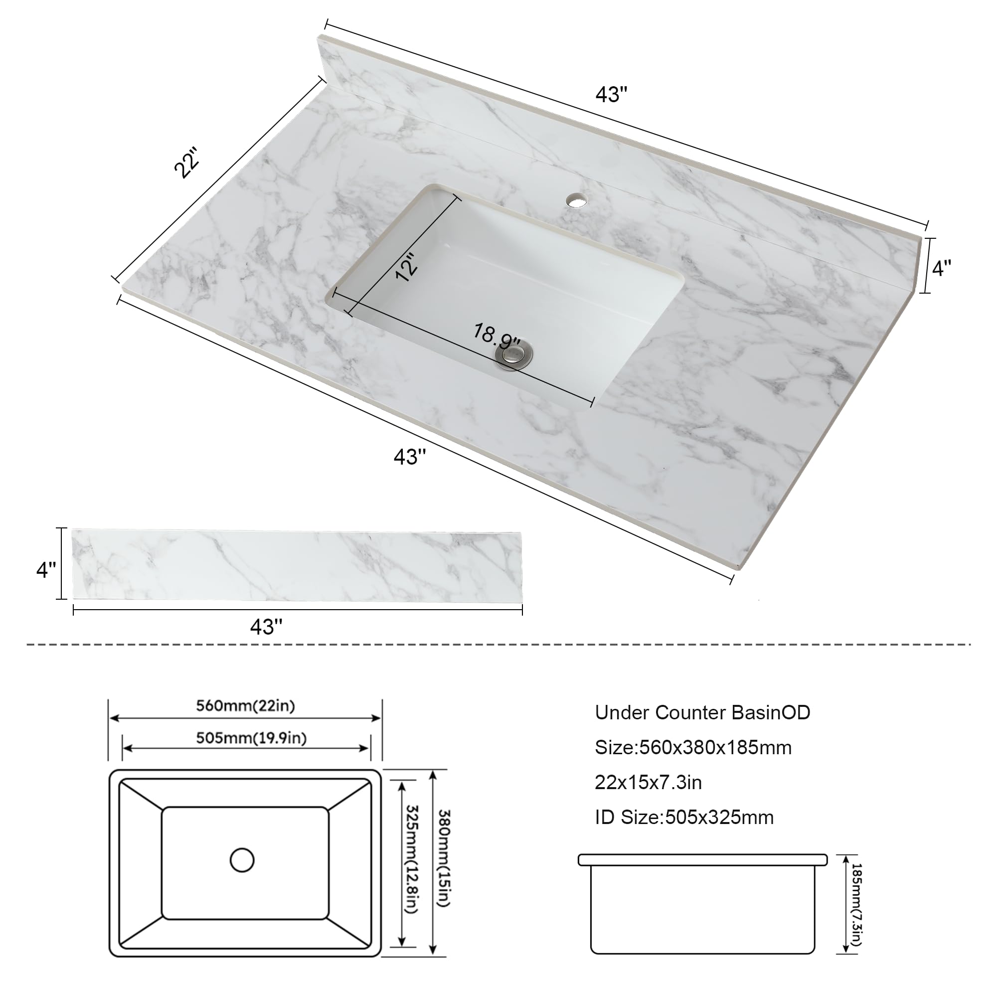 Montary 42" Bathroom Vanity with 43" Sintered Stone Carrara White Top, Modern Stylish MDF Bathroom Storage Cabinet, Vanity Set with 2 Doors and One Large Divided Drawer, White (Single Hole)
