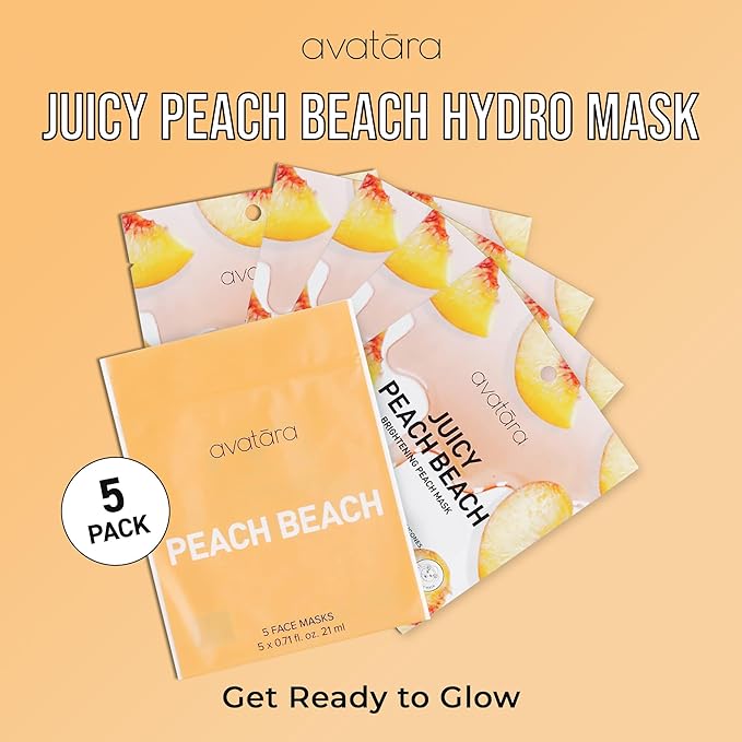 Avatara Juicy Peach Brightening Facial Mask 5 Sheets, Beauty and Skincare Sheet Masks with Peach Extracts, Hyaluronic Acid and Clean Ingredients for Clearer, Brighter Skin With Natural Glow, 5 Pack