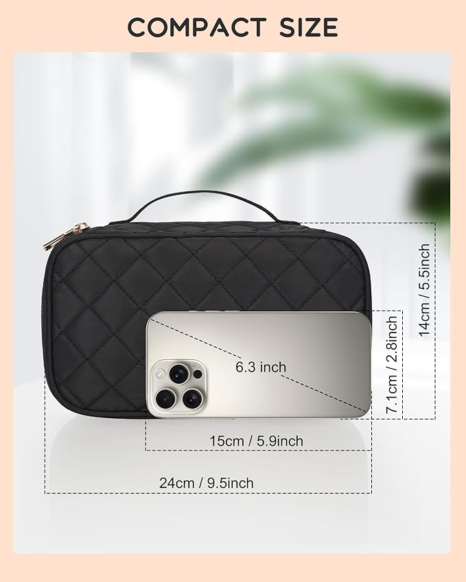 Relavel Small Makeup Bag, Travel Makeup Bag, Cosmetic Bag for Women, 2 Layer Makeup Organizer, Black Make Up Pouch Waterproof, Makeup Brush Holder, Durable Zipper (Black)
