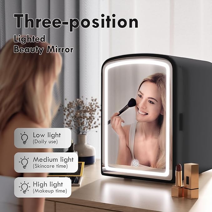 COYCYQI 4L Mini Skincare Fridge with Dimmable LED Mirror, Portable Beauty Refrigerator for Makeup, Cosmetic, Personal Small Refrigerator with Cooler and Warmer for Bedroom, Office and Car(Black)