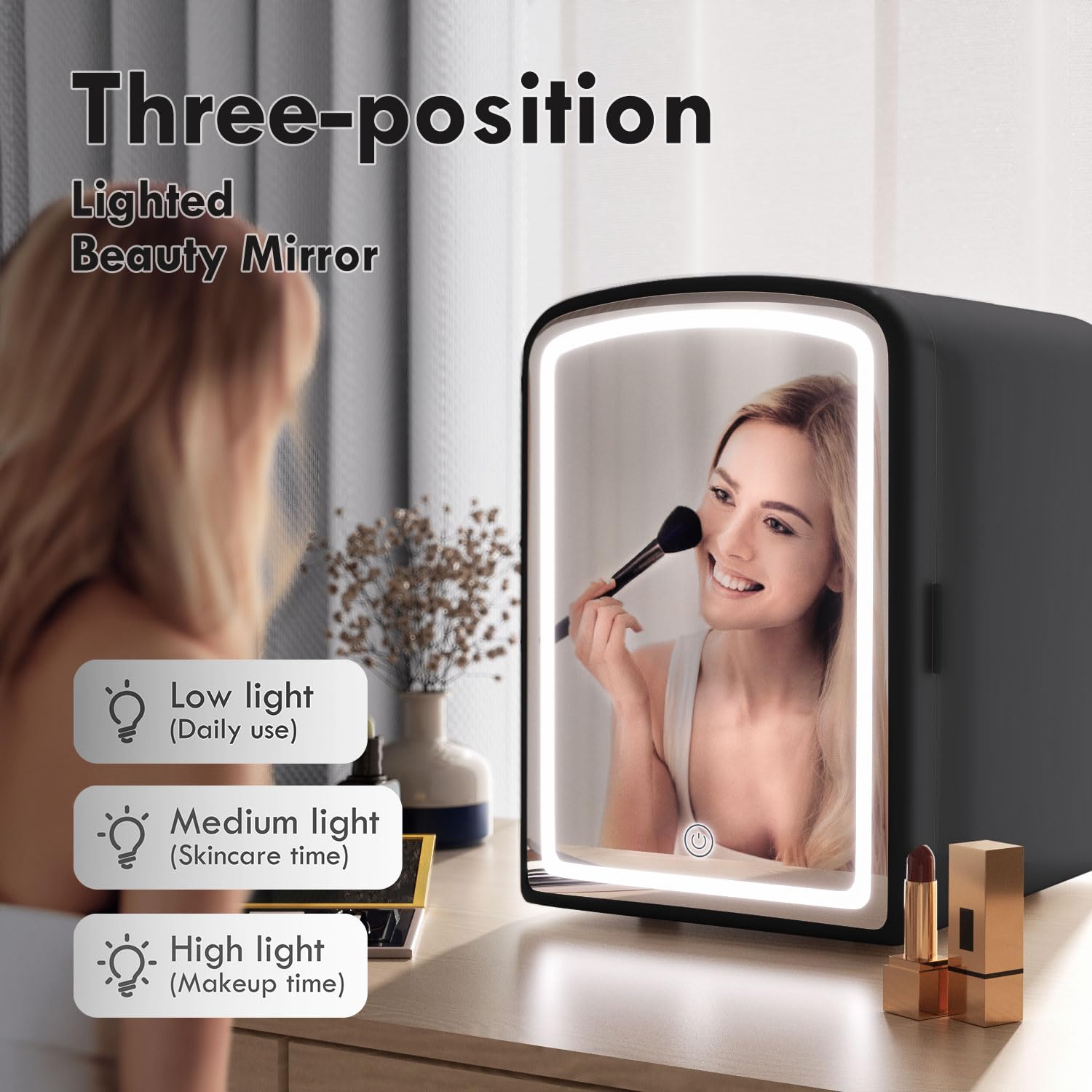 COYCYQI 4L Mini Skincare Fridge with Dimmable LED Mirror, Portable Beauty Refrigerator for Makeup, Cosmetic, Personal Small Refrigerator with Cooler and Warmer for Bedroom, Office and Car(Black)