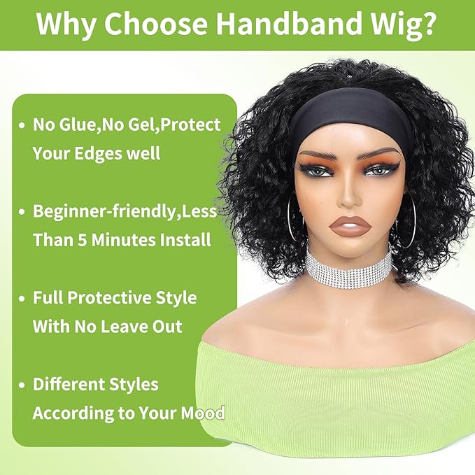 Headband Wig Human Hair Wigs for Black Women Put on and Go Glueless Wig Curly Human Hair Wig Natural Color Headband Wigs Human Hair 10inch