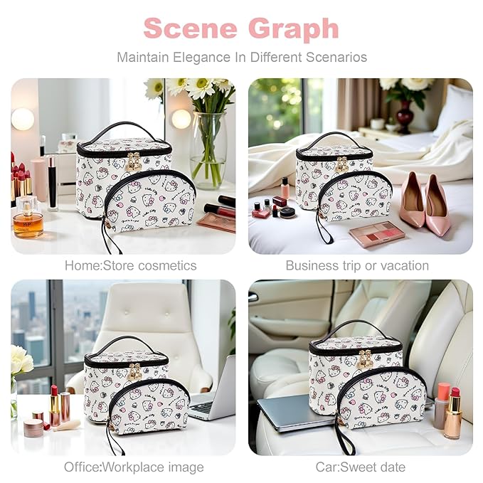 Vimanllie Cosmetic Bag Large Makeup Bag,Travel Toiletry Bags Organizer for Women,Cute Print Canvas Case with Brush Holder for Girls - Beauty Organizer for Home&Travel with Handle Cartoon Cute