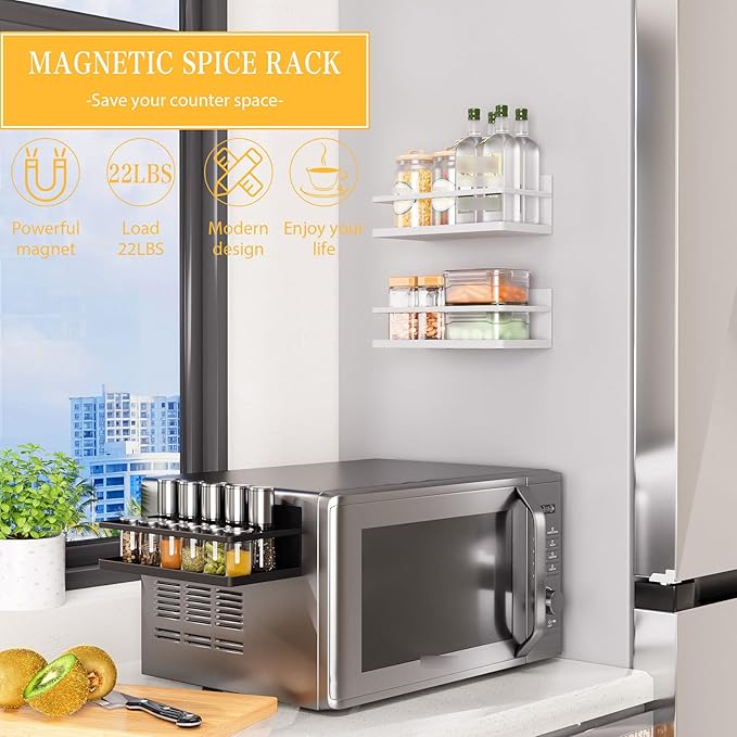 KMUZAWN Magnetic Spice Rack for Refrigerator, 2 Pack Magnetic Shelf, Fridge Magnet Organizer with Moveable 6 Hooks, Magnetic Fridge Shelf for Kitchen Organization and Storage(White, 2 Pack)