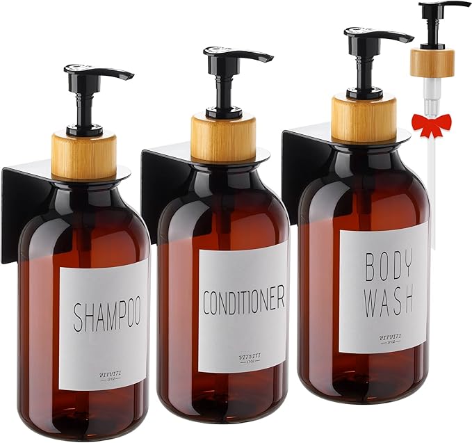 VITVITI Shampoo and Conditioner Dispenser, Body Wash Shower Soap Dispenser Wall Mounted 3 Chamber, Drill Free 17oz Plastic Shower Bottles for Bathroom, Brown 3 Sets