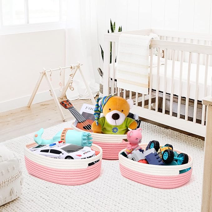 HLWDFLZ 7 Piece Cotton Rope Woven Basket Set - Small Basket for Baby Nursery, Pets, Montessori, Dog & Cat Toy Boxes, Bathroom Organization Bins (White/Pink)
