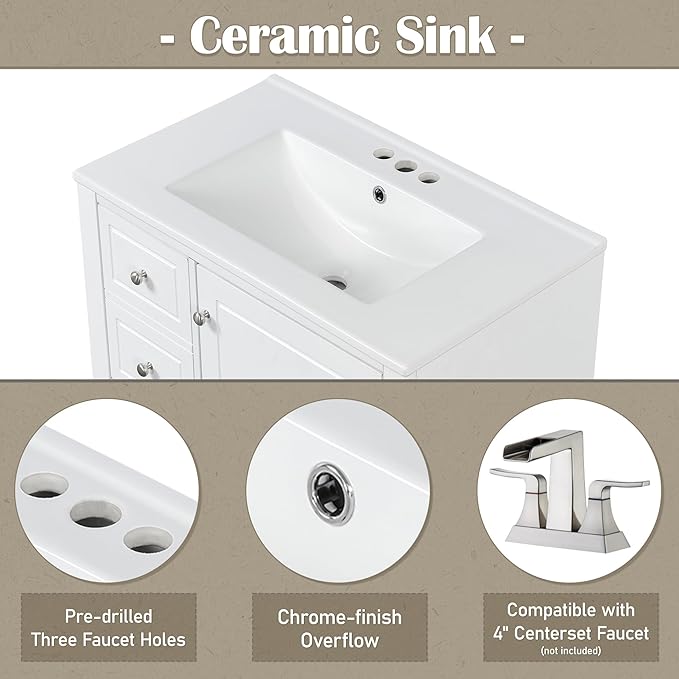 30" Bathroom Vanity with Sink, Harper & Bright Designs Free Standing Single Vanity Set with 3 Drawers and One Door with Storage Racks, Solid Wood Storage Cabinet with Ceramic Basin for Bathroom, White