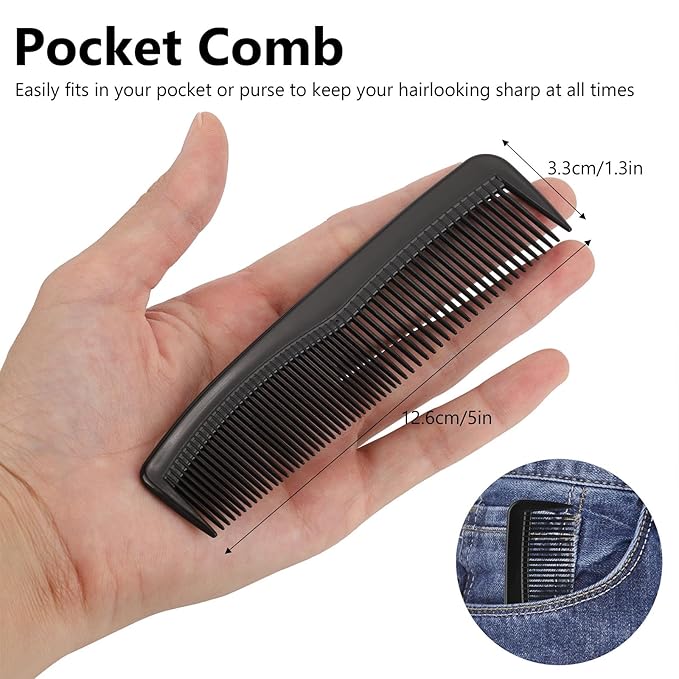 BTYMS 24 Pcs Plastic Hair Combs Pocket Sized- 5" Black Mens Comb with Fine and Wide Tooth Comb for Hair, Beard, and Mustache Styling