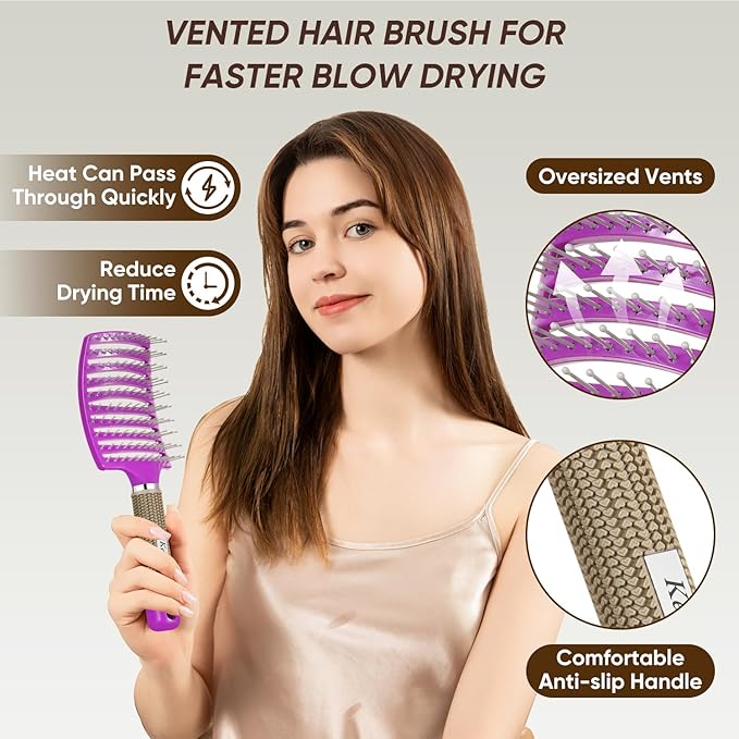 Kertiberif 2 Pack Curved Vented Detangling Brush for Wet and Dry Hair, Paddle Styling Hair Brush for Faster Blow Drying, Detangler Brush for Women Men Curly Thick Hair