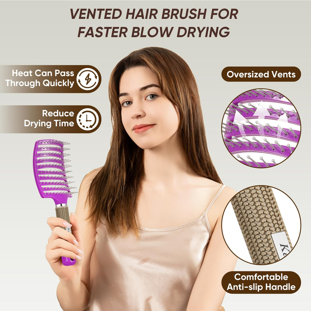 Kertiberif 2 Pack Curved Vented Detangling Brush for Wet and Dry Hair, Paddle Styling Hair Brush for Faster Blow Drying, Detangler Brush for Women Men Curly Thick Hair