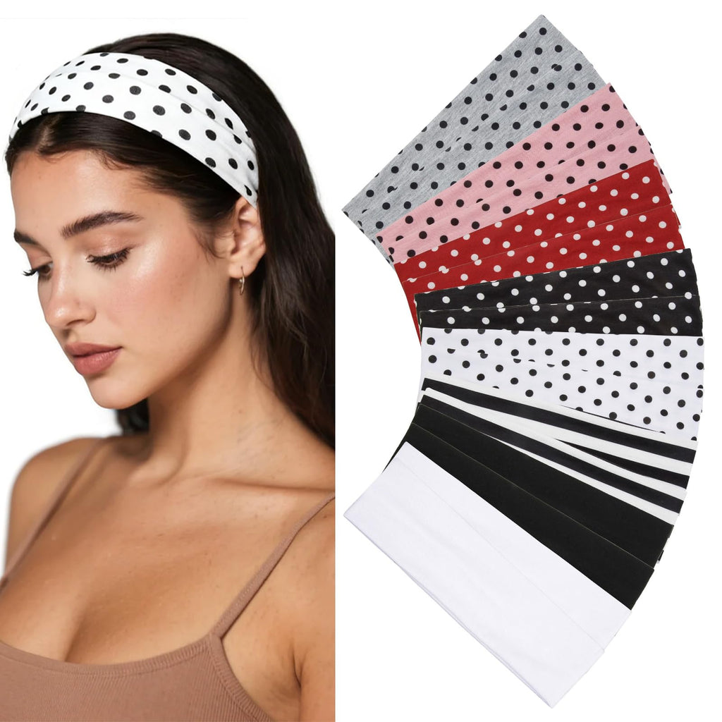 Huachi Polka Dot Headbands for Women Non Slip 16 Pack Elastic Sports Hair Bands for Women, Soft Cotton Cloth Headband for Workout Yoga Fashion Hair Accessories