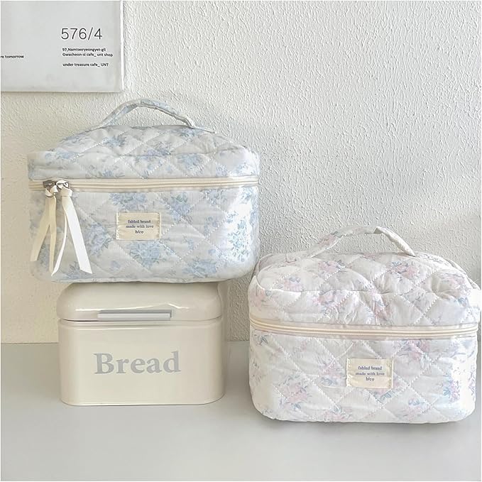 uekeboag Large Travel Quilted Makeup Bag for Women, Floral Cotton Cosmetic Bag, Coquette Aesthetic Floral Toiletry Organizer Bag (07PinkRose)