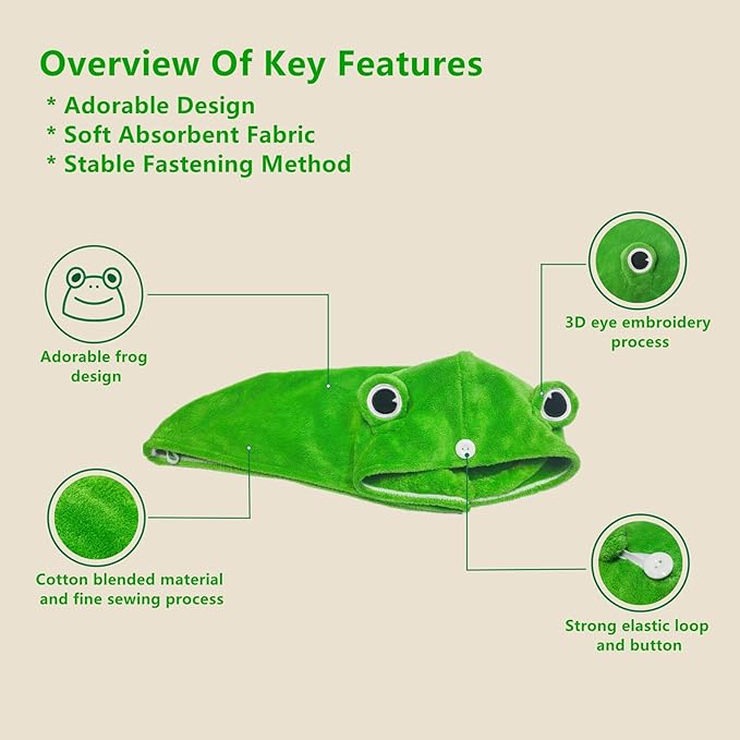 2-Pack Frog Hair Turbans, Super Absorbent Microfiber Hair Towels for Long Hair, Quick Dry, Cute Animal Design, Gift for Women Girlfriend Bestie