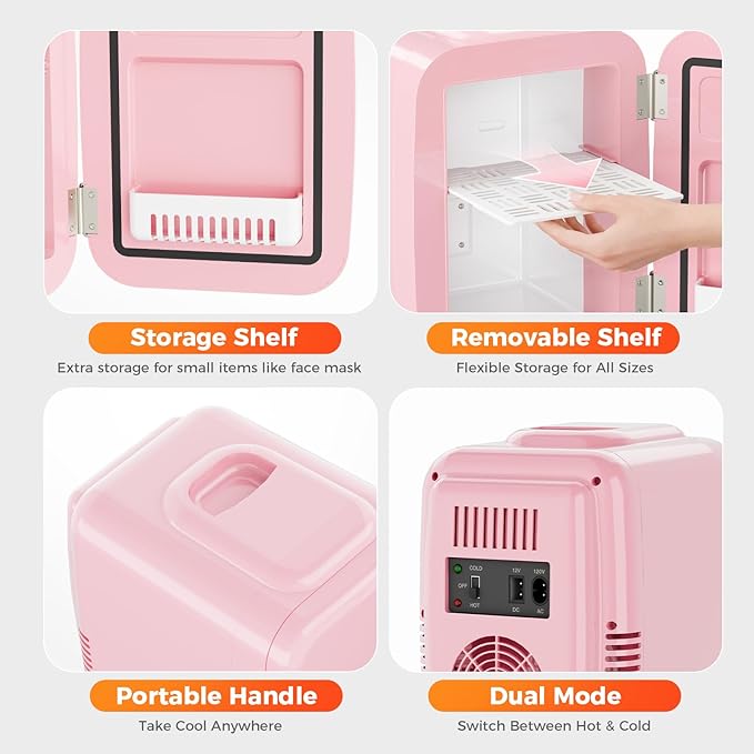 YASHE Mini Fridge, 4 Liter/6 Can Mini Makeup Fridge, 110V AC/ 12V DC Portable Thermoelectric Cooler&Warmer for Skincare, Drink, Cosmetic, Medicine, Small fridge for Bedroom, Office, Dorm, Car, Pink