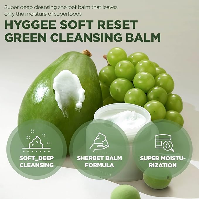 KSBC HYGGEE Soft Reset Green Cleansing Balm - Vegan Gentle Makeup Remover Sherbet Milky Oil Based Cleanser, Tea Tree Extract & Jojoba Oil, Hypoallergenic for Sensitive Skin, 3.38oz.