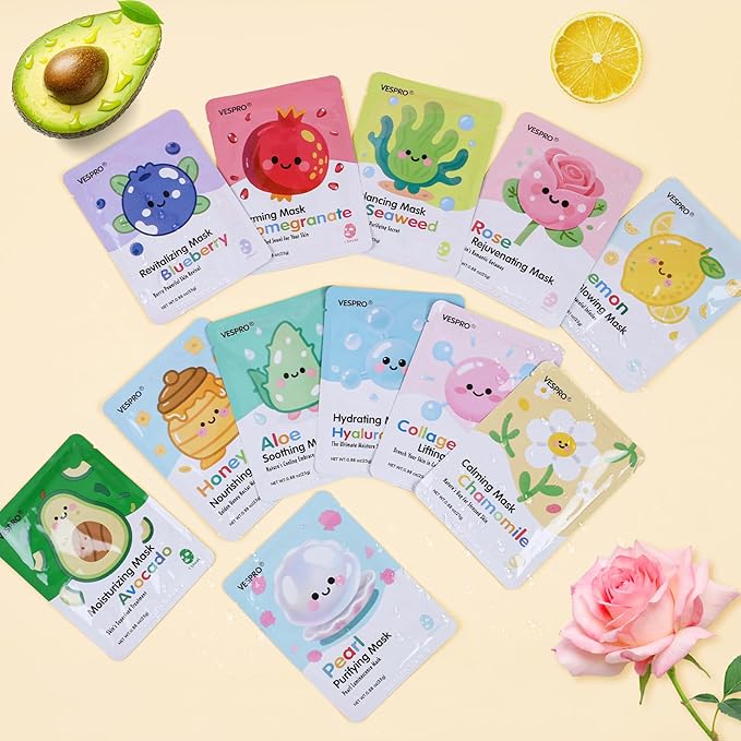 60 Pack Bulk Collagen Facial Masks, moisturizing & Hydrating Face Masks for Women, Skincare for All Skin Types, Bulk Sheet Mask Skin Care Gifts, Sleepover Party for Teen Girls(12 Types x 5 Pcs)