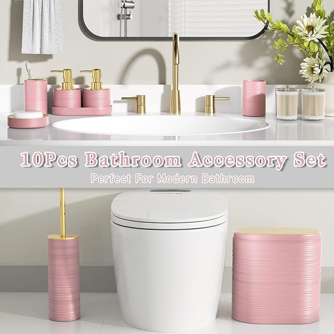 InnJoey Bathroom Set, 10PC Bathroom Accessory Set, Pink Bathroom Accessories, Pink and Gold Bathroom Set with Trash Can, Soap Dispensers