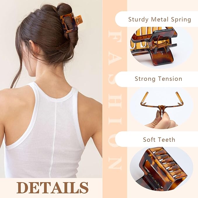 Auseibeely 6 Pcs 2 Inch Small Claw Clip for Women & Girls, Medium Tortoise Shell Square Hair Clips, Rectangle Non-Slip Tortoiseshell Jaw Clips for Half Up Half Down Thin Medium Short Hair