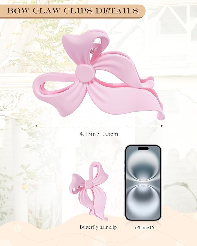 4 PCS Bow Hair Clips Bow Claw Clip for Women, Large Hair Claw Clips for Thin Thick Long Hair Cute Nonslip Bows (Black+Light Brown+Off-White+Light Pink)