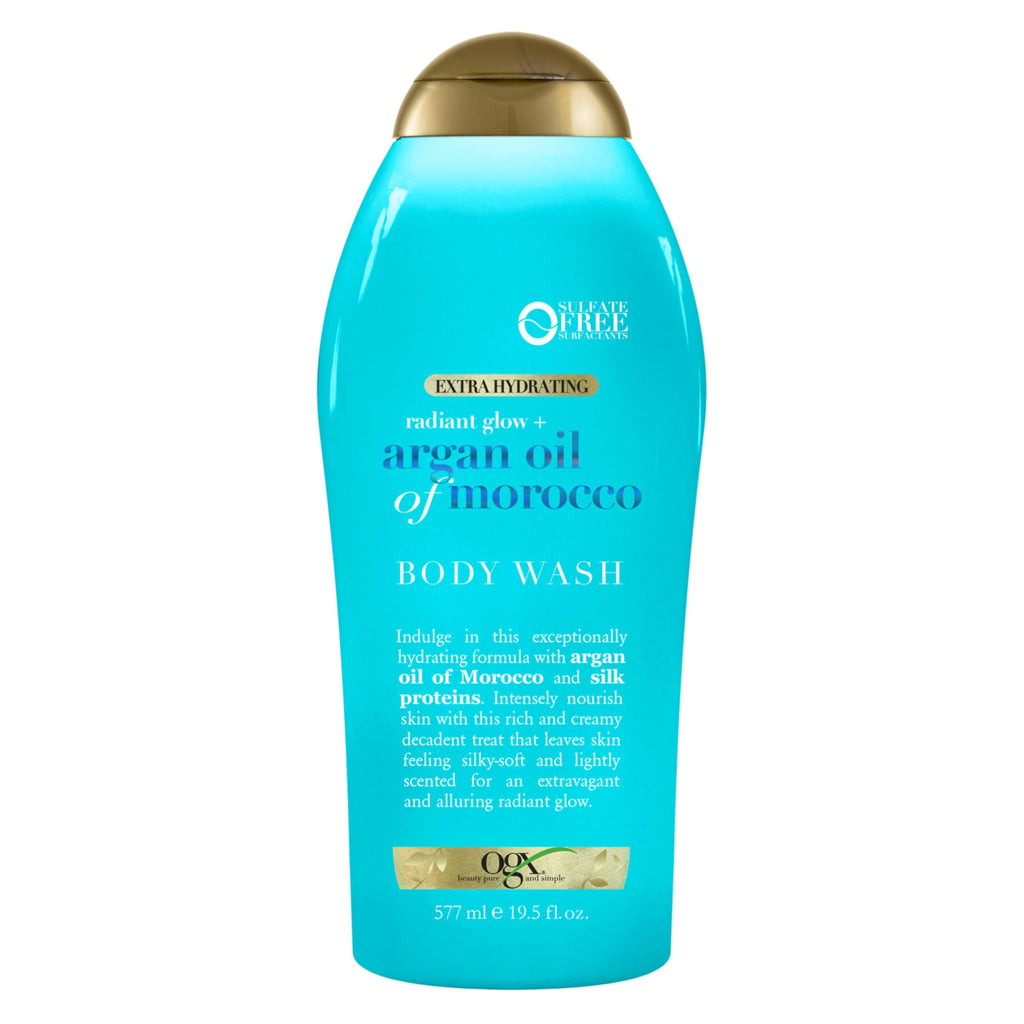 OGX Radiant Glow + Argan Oil of Morocco Extra Hydrating Body Wash for Dry Skin, Moisturizing Gel Cleanser for Silky Soft Skin, Body Wash for Women, Sulfate-Free Surfactants, 19.5 fl oz