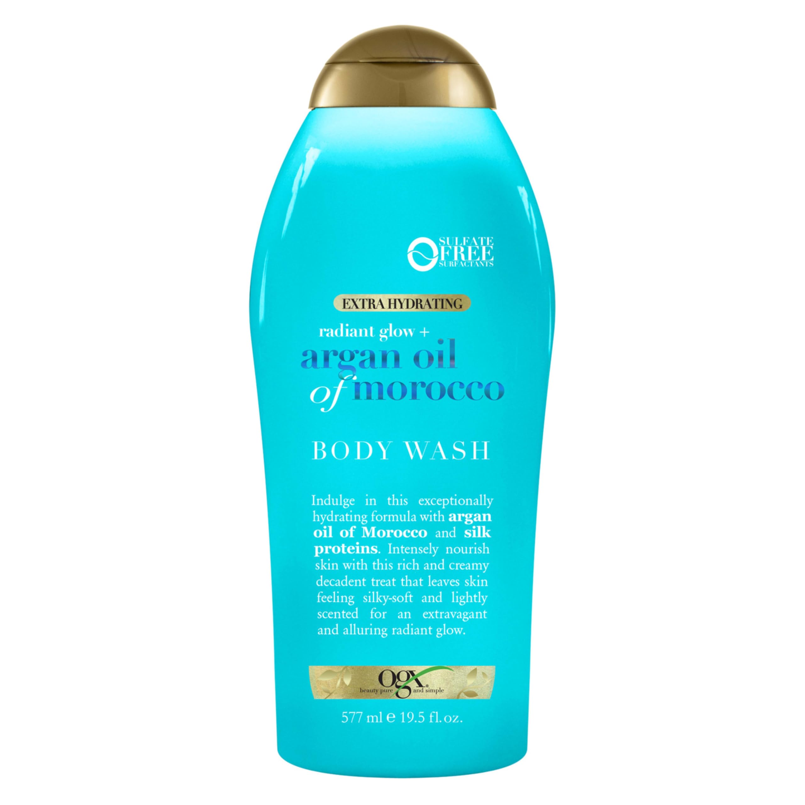 OGX Radiant Glow + Argan Oil of Morocco Extra Hydrating Body Wash for Dry Skin, Moisturizing Gel Cleanser for Silky Soft Skin, Body Wash for Women, Sulfate-Free Surfactants, 19.5 fl oz