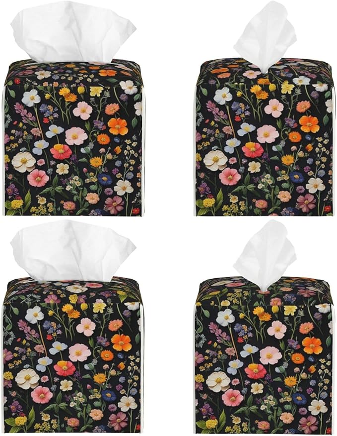 Spring Floral Tissue Box Cover Square Leather Tissue Holder Vintage Wildflower Decorative Facial Tissue Case for Bathroom Bedroom Living Room Office Desk Home Decor
