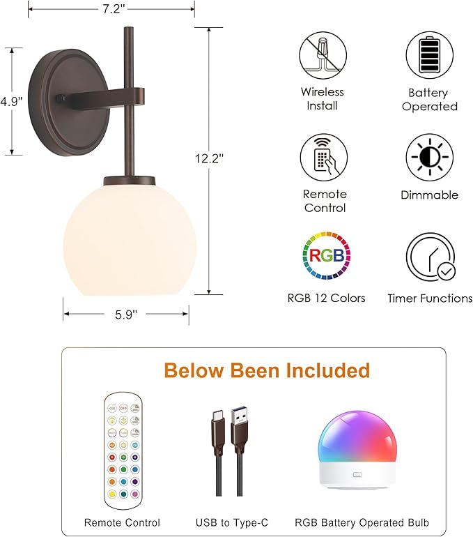 Oil Rubbed Bronze Wireless Rechargeable Wall Sconces Set of 2, Battery Operated Wall Lights with Remote Control, LED Dimmable Wall Lamp with Opal White Glass Shade, 12 Colors RGB & 3 CCT Bulb