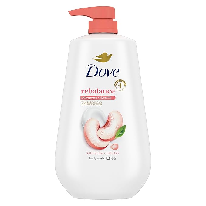 Dove 24hr Lotion Body Wash Rebalance White Peach & Rice Milk, 30.6 oz | Moisturizing body wash with MicroMoisture and a calming peach scent