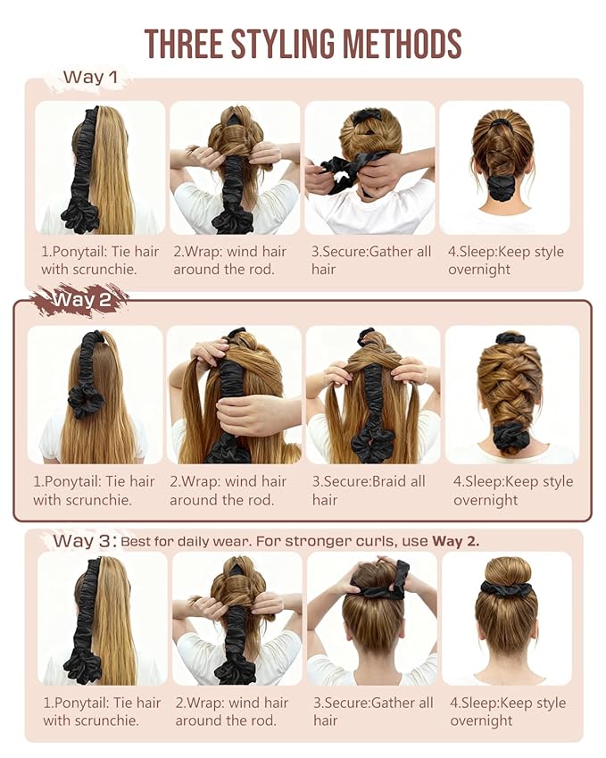 BONNET QUEEN Large Satin Heatless Hair Curler for Long Thick Hair, Heatless Curls Overnight, Hair Curlers to Sleep In, Damage-Free Waves for Women with Built-in Scrunchie, Black