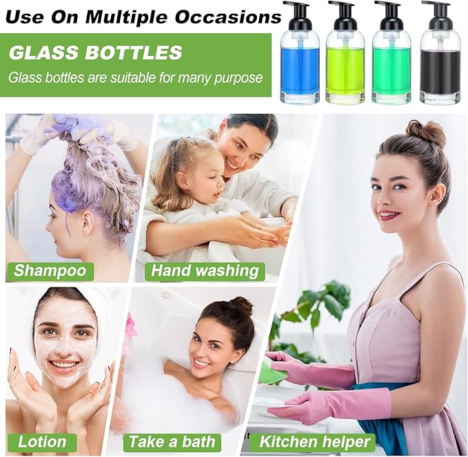 Eccliy 4 Pack 13 oz Foaming Hand Soap Dispenser Clear Glass Jar Soap Dispenser with Foaming Pump, Clear Thick Hand Liquid Dish Pump Round Bottles for Bath Home Kitchen Oil Lotion