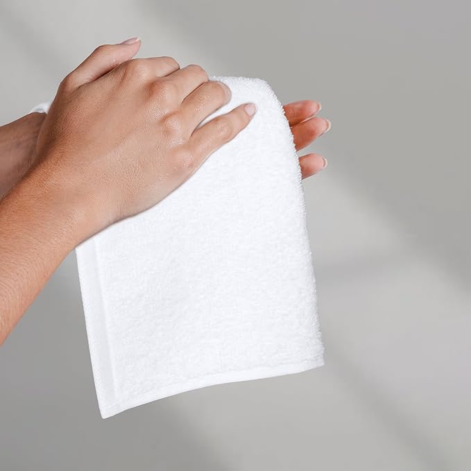 Amazon Basics Fast Drying Cotton Washcloths for Bathroom, Machine Washable, Soft and Highly Absorbent, 12 x 12 in, White, 24-Pack