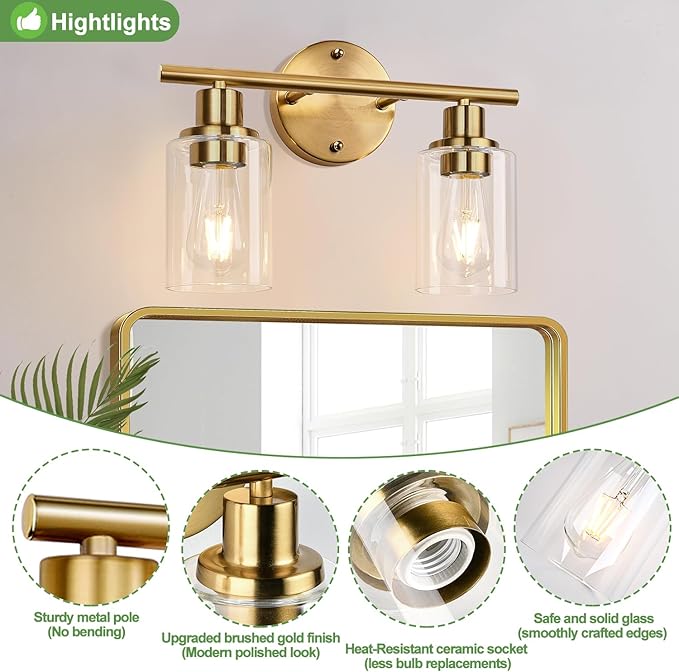 Zarbitta 2-Light Bathroom Light Fixtures, Brushed Gold Vanity Light, Modern Vanity Lights with Clear Glass Shade, Bathroom Wall Lamp for Mirror Kitchen Living Room Hallway Cabinet Porch