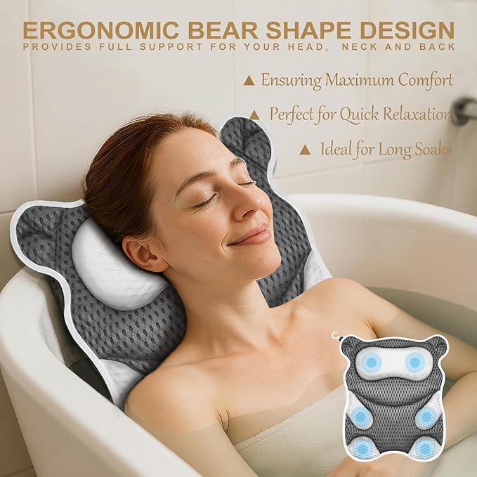 ZYIDBNG Bath Pillow for Tub Ergonomic Bear Shape Design Bath Pillow for Head and Neck Support SPA Gift Bathtub Pillow 4D Air-Mesh with 8 Suction Cups Washable Gray